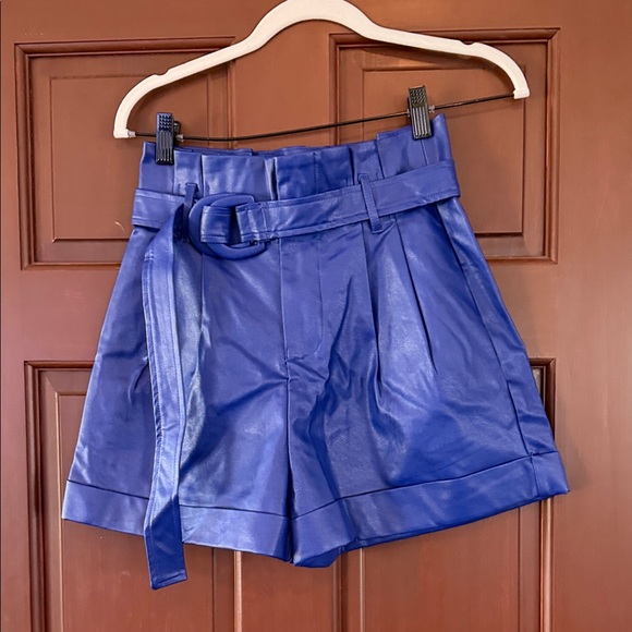 Item Ditto Pants - High-Waist Royal Blue Faux Leather Paperbag Shorts with Belt